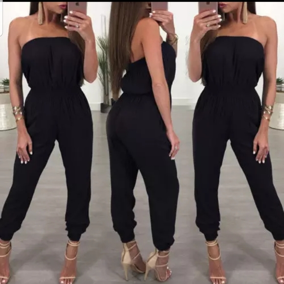 NEW STRAPLESS BLACK JUMPSUIT SMOCKED TOP - Picture 2 of 3